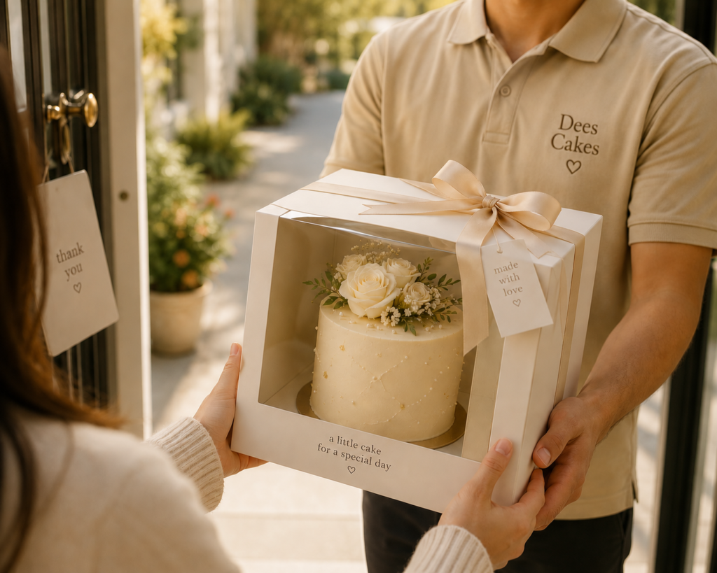 Luxury cake delivery and pickup presentation by Dees Cakes in Toronto