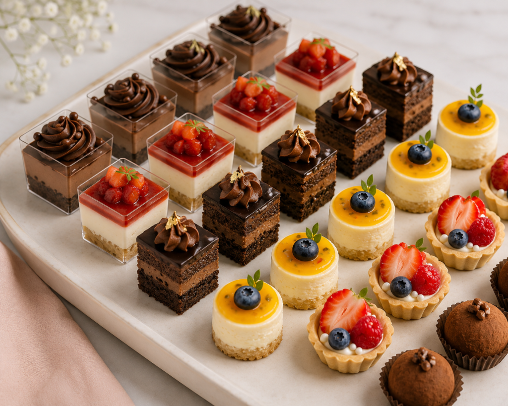 Luxury dessert table styling in Toronto with cupcakes, mini desserts, and custom cakes by Dees Cakes