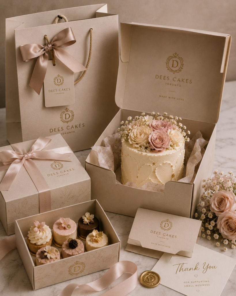 Luxury dessert packaging and cake presentation by Dees Cakes in Toronto
