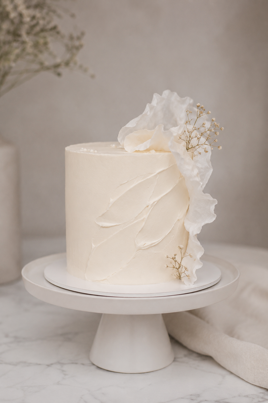 Minimalist buttercream cake featuring sculpted frosting details and modern editorial styling for contemporary celebrations.