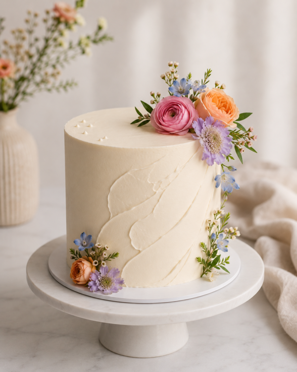Luxury buttercream cake featuring smooth buttercream textures, modern cake design, and elegant neutral-toned presentation.