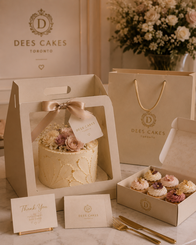 Luxury cake pickup and dessert packaging by Dees Cakes in Toronto