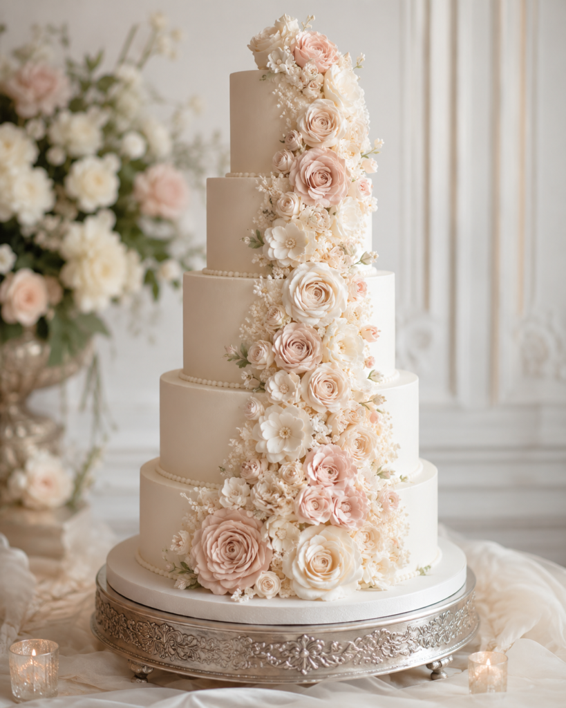 Luxury floral wedding cake with cascading buttercream flowers
