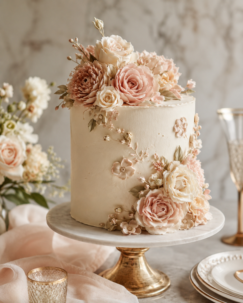 Elegant floral bridal shower cake featuring handcrafted buttercream flowers