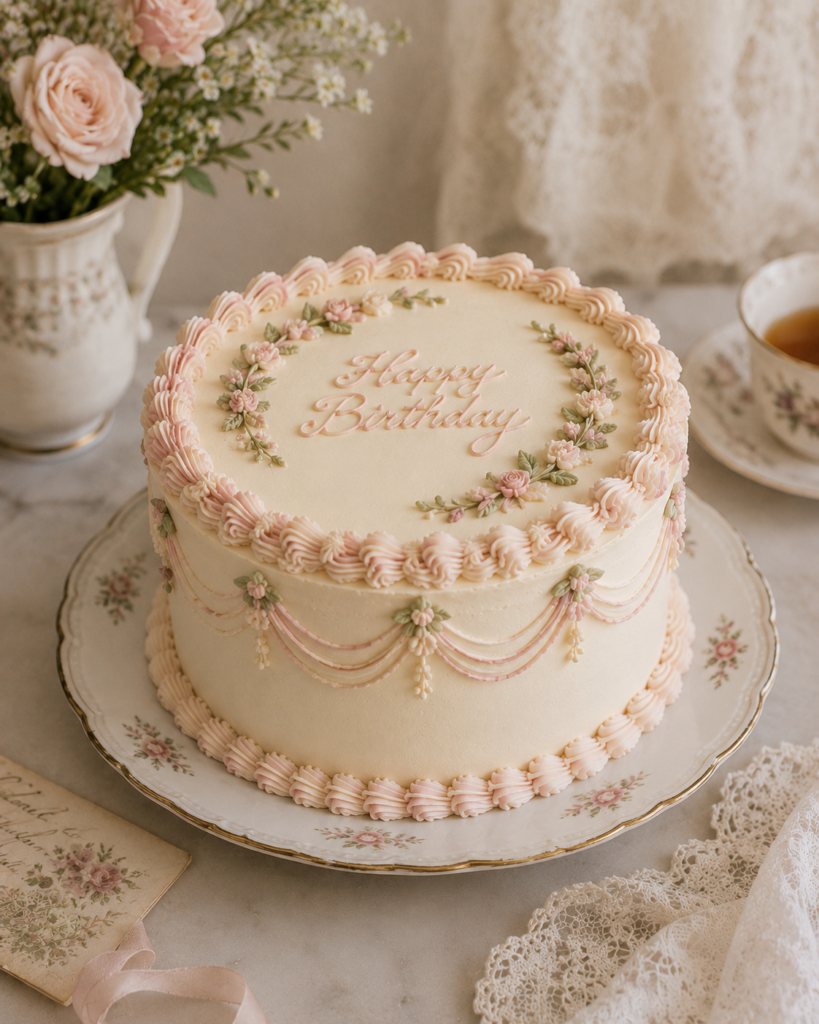 Vintage birthday cake with buttercream details in Toronto