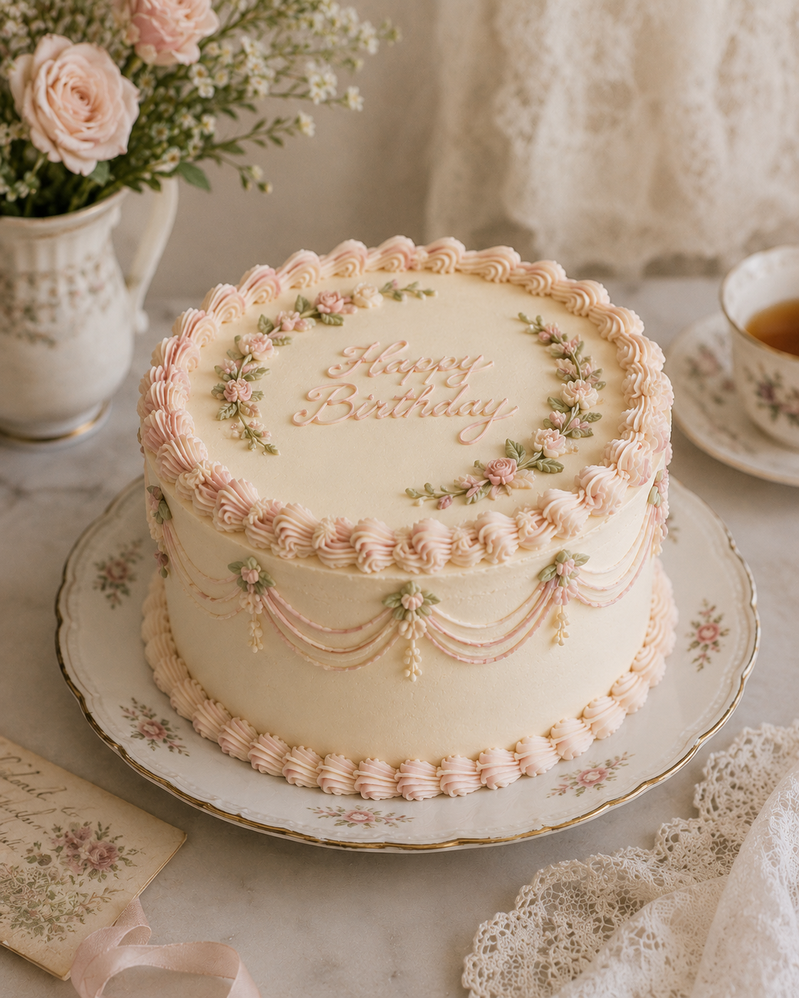 Vintage birthday cake with buttercream details in Toronto
