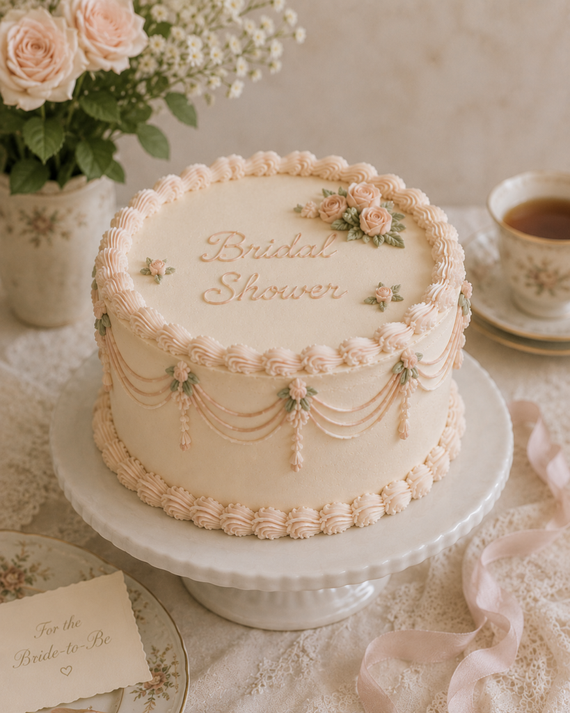 Vintage bridal shower cake with decorative piping